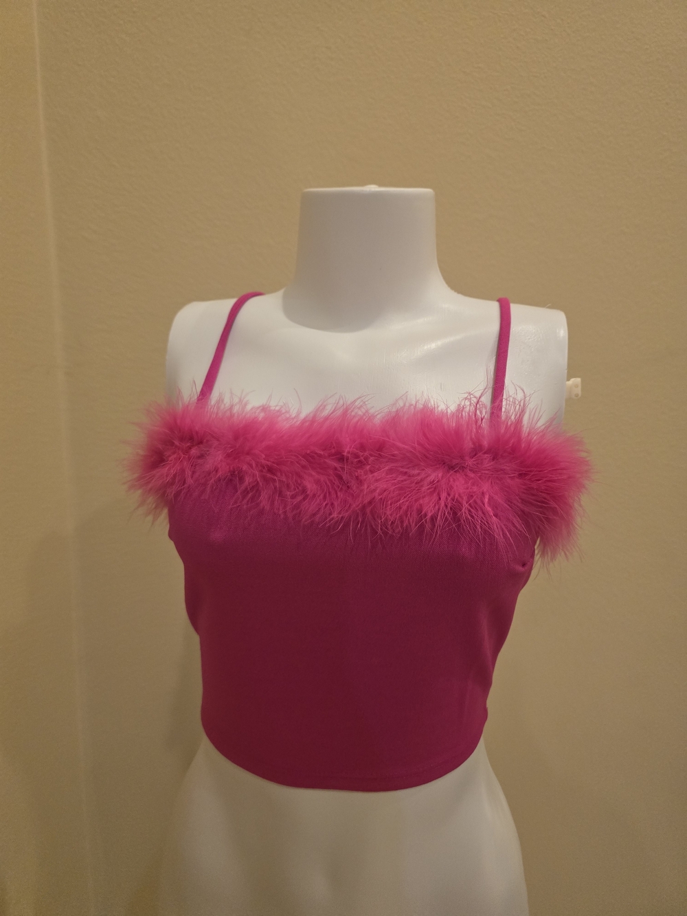 Fuchsia Feather-Trim Crop Tank Top